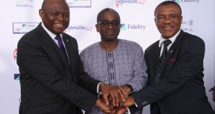 Managing Director/Chief Executive Officer, Fidelity Bank Plc., Nnamdi Okonkwo; Chief Executive Officer, Nigerian Export Promotion Council, NEPC, Segun Awolowo and Representative of the Dean, Lagos Business School, Dr. Frank Ojadi at a joint press conference on Export Management Program aimed primarily at enhancing export readiness of micro small and medium scale enterprises, MSMEs in Nigeria which took place in Lagos